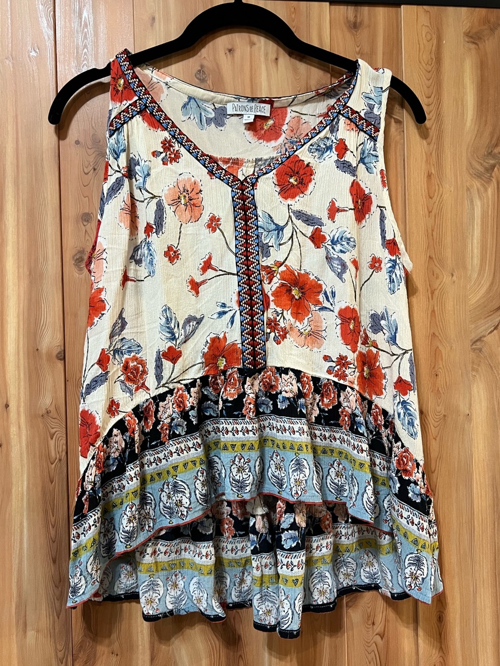 Patrons of Peace Cream Floral Sleeveless Top with Red & Blue Accents